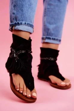 Best Damskie Sandałki Japonki Z Cholewką Czarne SL1011 Madrit Damskie Sandały Płaskie