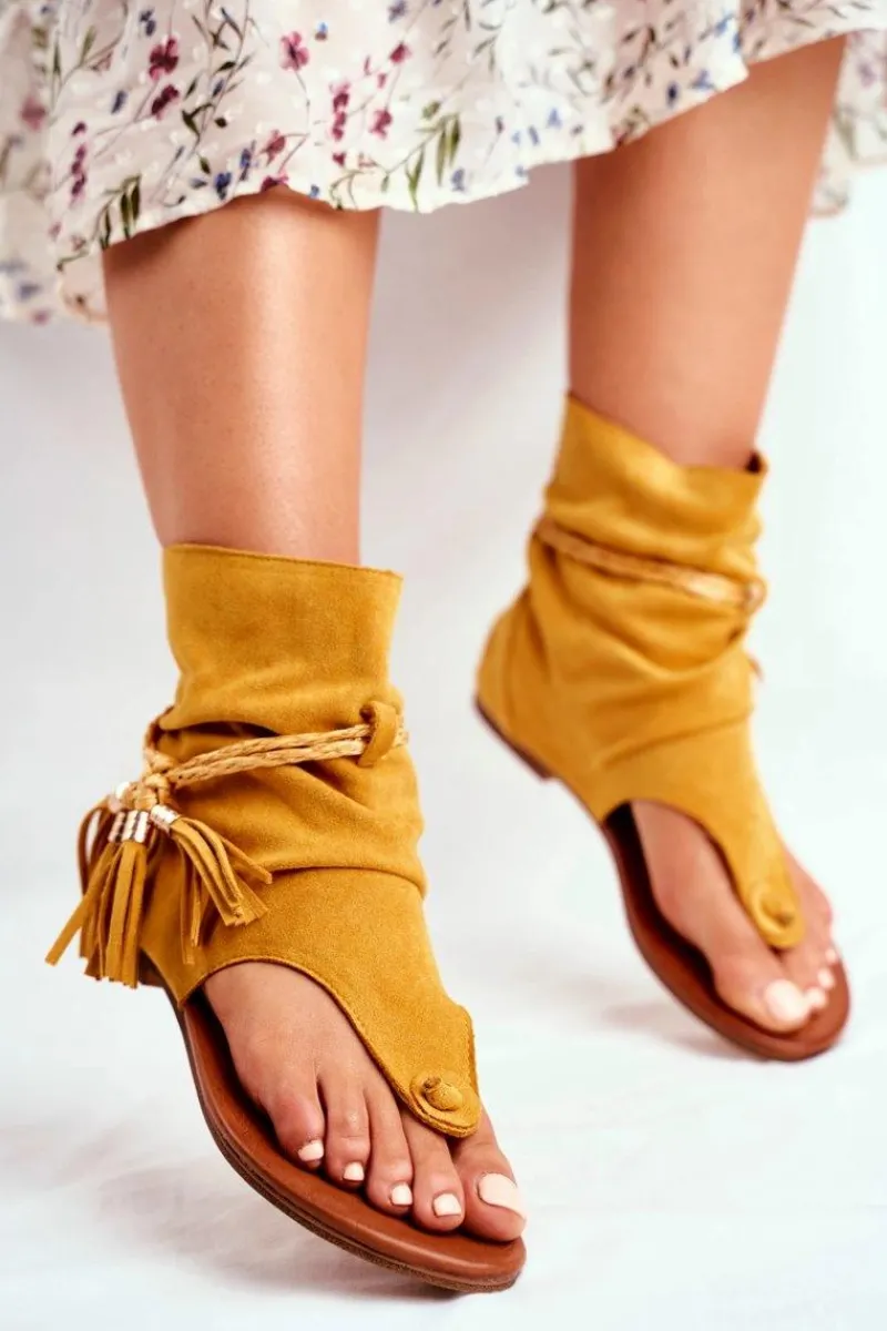 Sandały Płaskie>Boto Damskie Sandałki Japonki Z Cholewką Żółte SL1011 Madrit