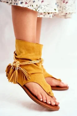 Sandały Płaskie>Boto Damskie Sandałki Japonki Z Cholewką Żółte SL1011 Madrit