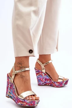 Online Boto Damskie Sandałki Na Kolorowym Koturnie Złote Malibu