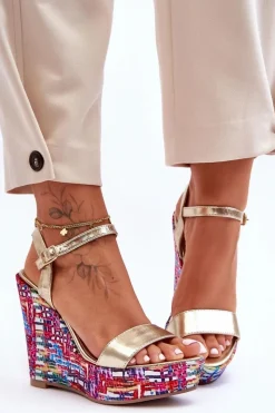 Online Boto Damskie Sandałki Na Kolorowym Koturnie Złote Malibu