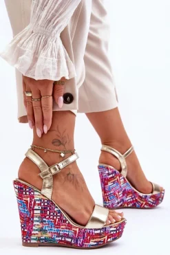 Online Boto Damskie Sandałki Na Kolorowym Koturnie Złote Malibu