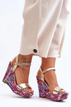 Online Boto Damskie Sandałki Na Kolorowym Koturnie Złote Malibu