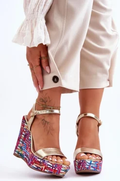 Online Boto Damskie Sandałki Na Kolorowym Koturnie Złote Malibu