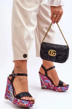 Sandały Na Koturnie>Boto Damskie Sandałki Na Kolorowym Koturnie Czarne Malibu