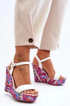 Sandały Na Koturnie>Boto Damskie Sandałki Na Kolorowym Koturnie Białe Malibu