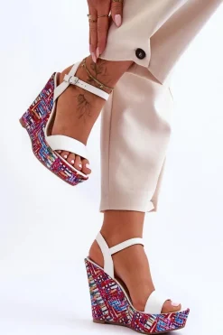 Sandały Na Koturnie>Boto Damskie Sandałki Na Kolorowym Koturnie Białe Malibu