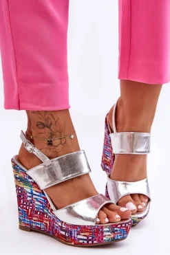 Sale Boto Damskie Sandałki Na Koturnie Srebrne Calderia Srebrny