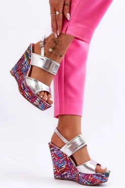 Sale Boto Damskie Sandałki Na Koturnie Srebrne Calderia Srebrny