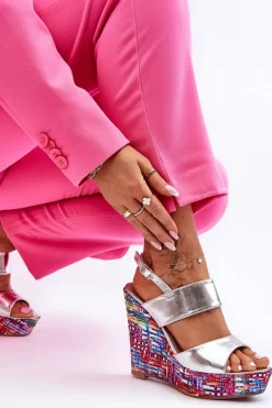 Sale Boto Damskie Sandałki Na Koturnie Srebrne Calderia Srebrny