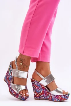 Sale Boto Damskie Sandałki Na Koturnie Srebrne Calderia Srebrny