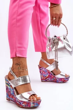 Sale Boto Damskie Sandałki Na Koturnie Srebrne Calderia Srebrny