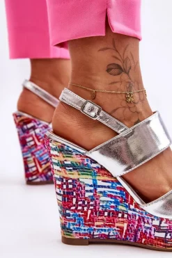 Sale Boto Damskie Sandałki Na Koturnie Srebrne Calderia Srebrny