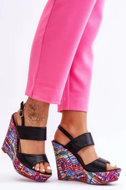 Outlet Damskie Sandałki Na Koturnie Czarne Calderia Damskie Sandały Na Koturnie