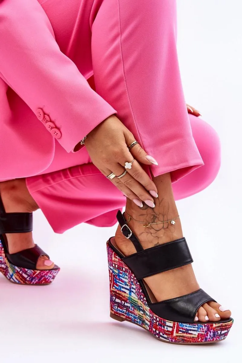 Outlet Damskie Sandałki Na Koturnie Czarne Calderia Damskie Sandały Na Koturnie