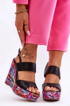 Outlet Damskie Sandałki Na Koturnie Czarne Calderia Damskie Sandały Na Koturnie