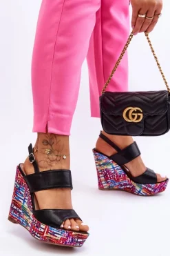 Outlet Damskie Sandałki Na Koturnie Czarne Calderia Damskie Sandały Na Koturnie