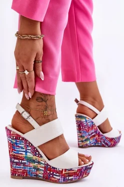 Outlet Boto Damskie Sandałki Na Koturnie Białe Calderia