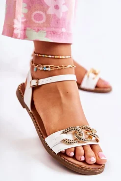 Clearance Damskie Sandałki Na Płaskim Obcasie Z Łańcuchem Białe Minevra Damskie Sandały Płaskie