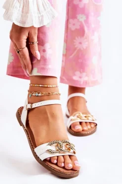 Clearance Damskie Sandałki Na Płaskim Obcasie Z Łańcuchem Białe Minevra Damskie Sandały Płaskie