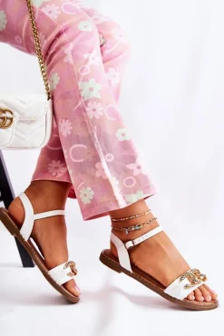 Clearance Damskie Sandałki Na Płaskim Obcasie Z Łańcuchem Białe Minevra Damskie Sandały Płaskie