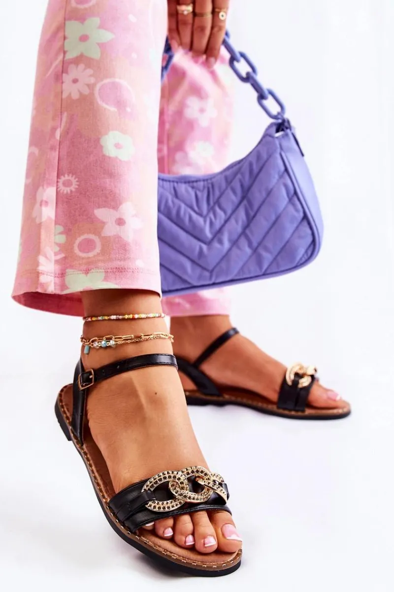 Sandały Płaskie>Damskie buty S.Barski Damskie Sandałki Na Płaskim Obcasie Z Łańcuchem Czarne Minevra