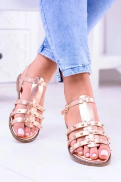 Sale Damskie Sandałki z Ćwiekami Aglet Różowe Złoto Damskie Sandały Płaskie