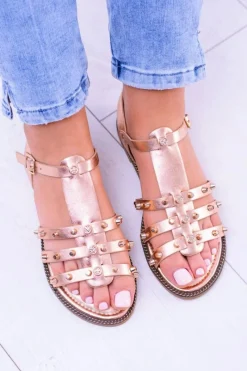 Sale Damskie Sandałki z Ćwiekami Aglet Różowe Złoto Damskie Sandały Płaskie