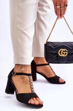 New Damskie Sandałki Zamszowe Na Słupku Czarne Florines Damskie Sandały Na Obcasie