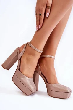 Hot Damskie Sandały Brokatowe Na Słupku Złote Rosel Damskie Sandały Na Słupku|Sandały Na Obcasie