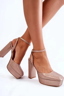 Hot Damskie Sandały Brokatowe Na Słupku Złote Rosel Damskie Sandały Na Słupku|Sandały Na Obcasie