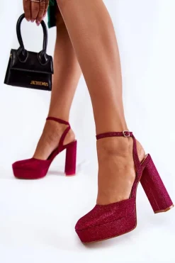 Discount Damskie Sandały Brokatowe Na Słupku Ciemnoróżowe Rosel Damskie Sandały Na Słupku|Sandały Na Obcasie