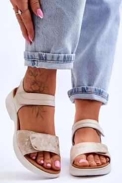 Sandały Na Obcasie|Sandały Na Koturnie>Evento Damskie Sandały Comfort Shoe Na Rzep Beżowo-Złote Grace