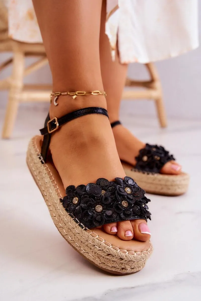 Sandały Płaskie>Boto Damskie Sandały Espadryle Z Kwiatami Czarne Marlon