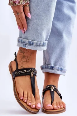 Sale Damskie Sandały Japonki Z Łańcuszkiem Czarne Jessica Damskie Sandały Płaskie