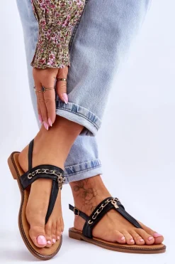 Sale Damskie Sandały Japonki Z Łańcuszkiem Czarne Jessica Damskie Sandały Płaskie