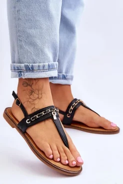 Sale Damskie Sandały Japonki Z Łańcuszkiem Czarne Jessica Damskie Sandały Płaskie