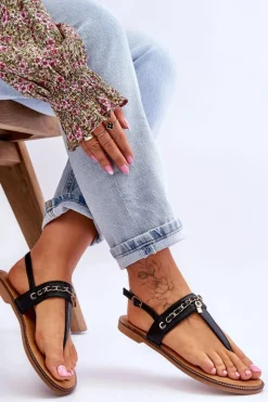 Sale Damskie Sandały Japonki Z Łańcuszkiem Czarne Jessica Damskie Sandały Płaskie