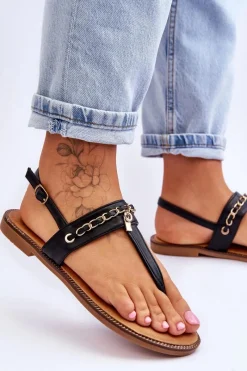 Sale Damskie Sandały Japonki Z Łańcuszkiem Czarne Jessica Damskie Sandały Płaskie