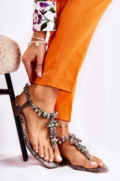 Sandały Płaskie>Boto Damskie Sandały Japonki Z Cyrkoniami Szare Ivanne