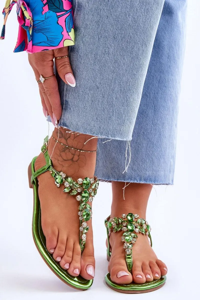 Sandały Płaskie>Boto Damskie Sandały Japonki Z Kamieniami Zielone Lenisa Zielony