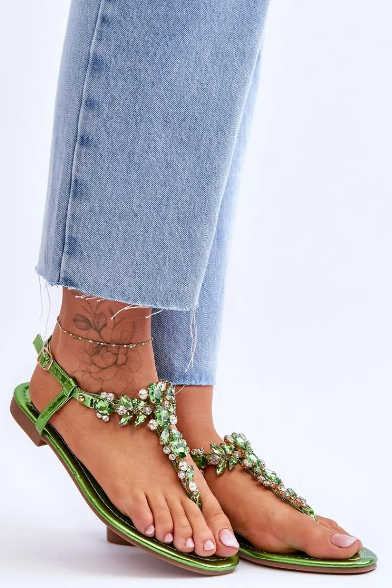 Sandały Płaskie>Boto Damskie Sandały Japonki Z Kamieniami Zielone Lenisa Zielony