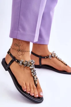 Best Boto Damskie Sandały Japonki Z Kamieniami Czarne Lenisa