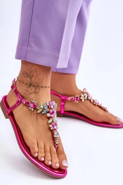 Sale Boto Damskie Sandały Japonki Z Kamieniami Fuksja Lenisa