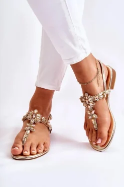 Sale Damskie Sandały Japonki Z Cyrkoniami Złote Solea Damskie Sandały Płaskie