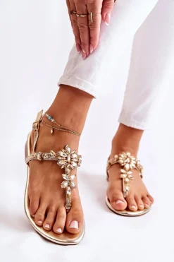 Sale Damskie Sandały Japonki Z Cyrkoniami Złote Solea Damskie Sandały Płaskie