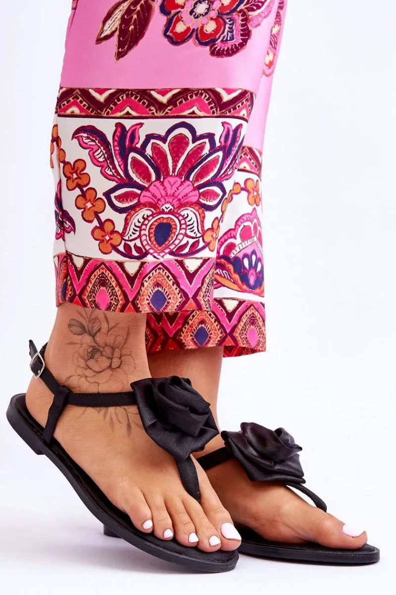 Sandały Płaskie>Boto Damskie Sandały Japonki Z Materiałową Różą Czarne Carisma