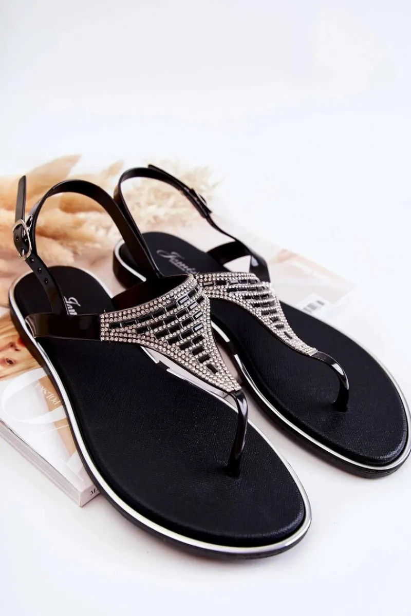 Sandały Płaskie>Boto Damskie Sandały Japonki Z Ozdobami Czarne Atlanta