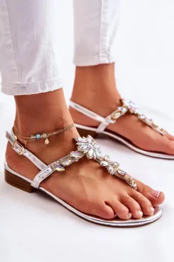 Sandały Płaskie></noscript>Boto Damskie Sandały Japonki Z Cyrkoniami Srebrne Solea Szary