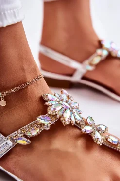 Sandały Płaskie></noscript>Boto Damskie Sandały Japonki Z Cyrkoniami Srebrne Solea Szary